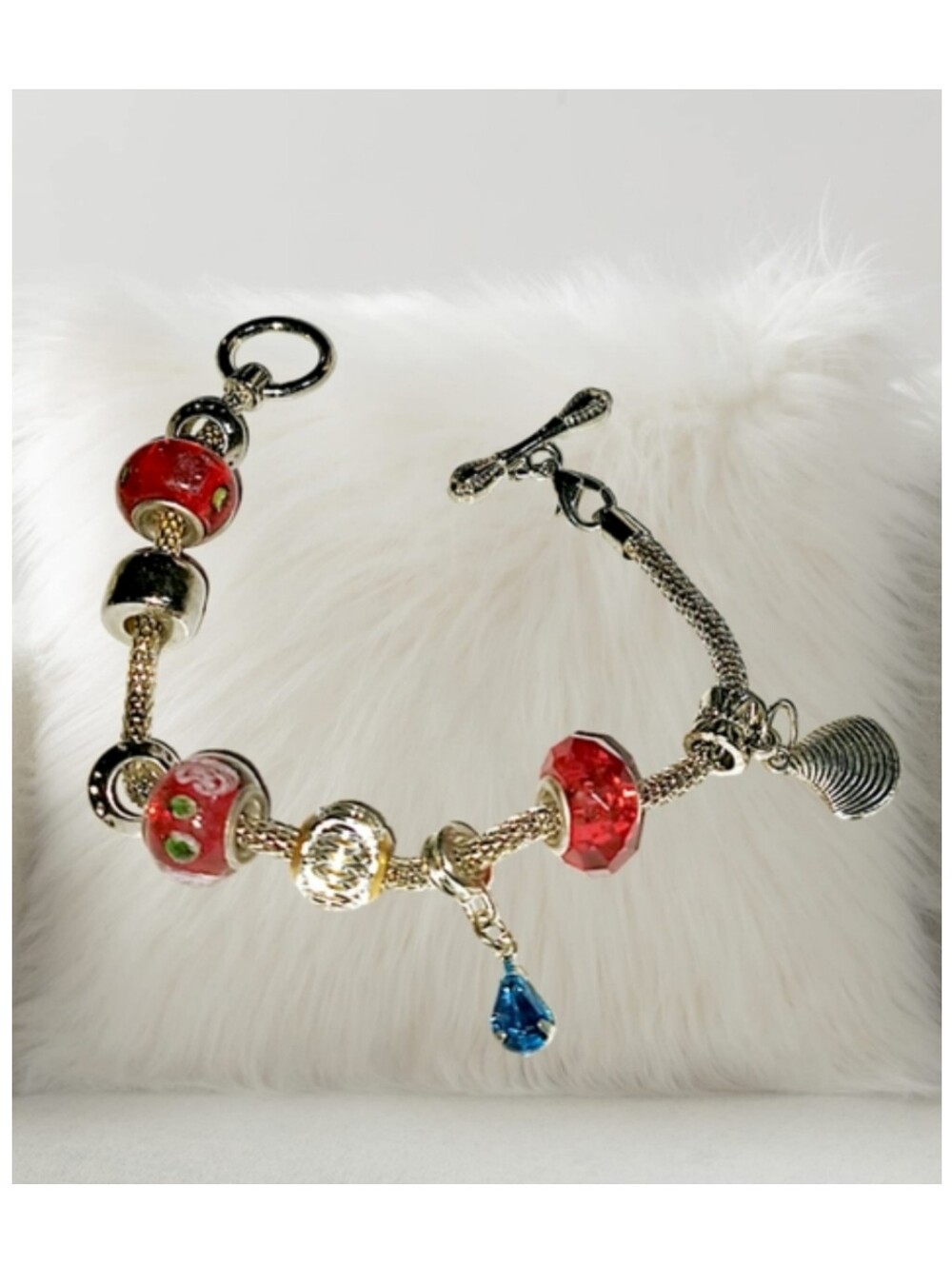 Red Beads Silver Tone Bracelet